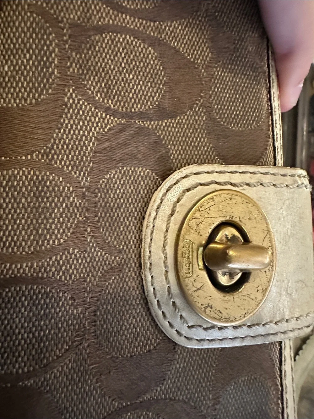 Coach Tan and Cream Signature Jacquard Turnlock Wallet